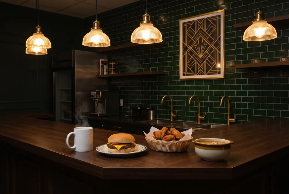 Generated illustration: coffee, a cheeseburger, chicken wings and soup on a dark wood counter with green tiles and brass lamps